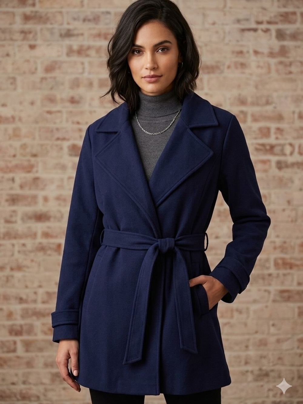 NEW Classic Navy Wrap Coat with Self-Tie Belt Size PL